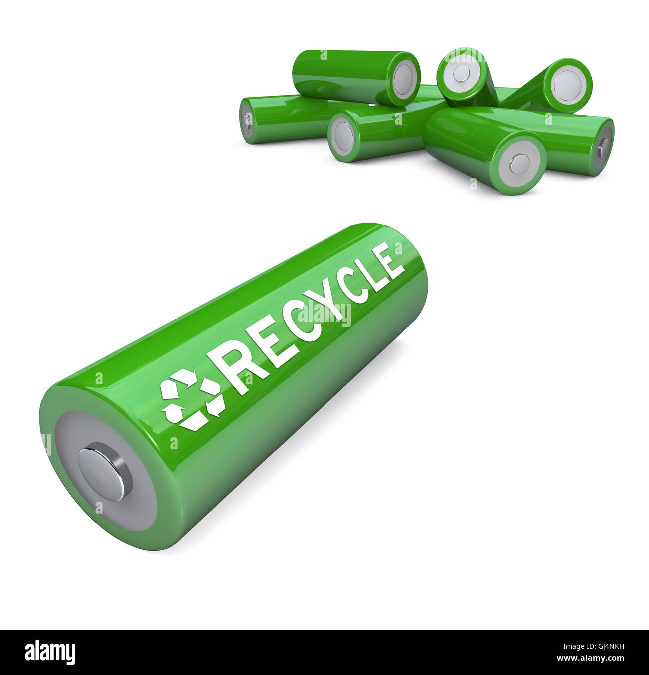 Green Batteries - Recycling Symbol on AA Battery Stock Photo