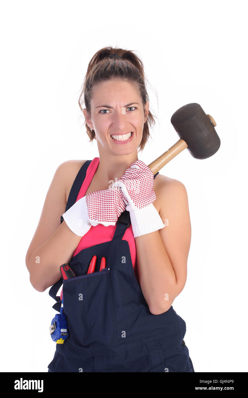 woman with black rubber mallet Stock Photo