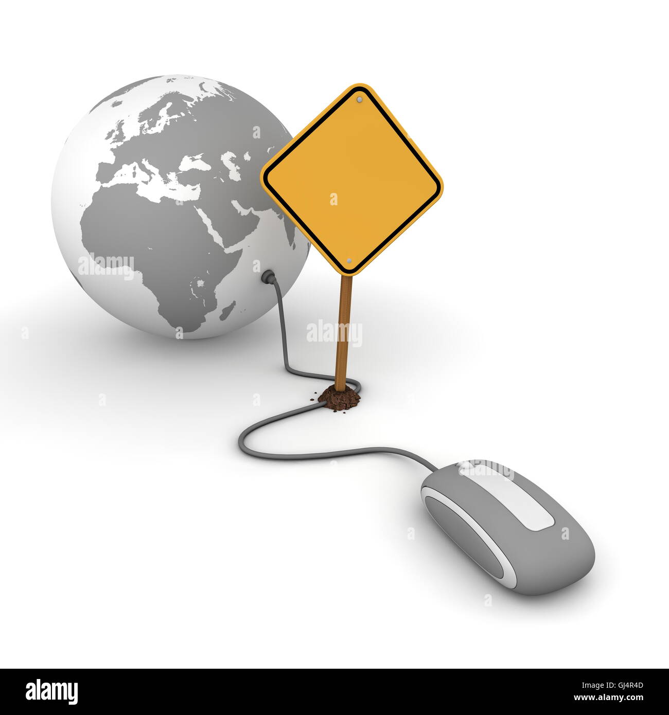 Surfing the Web in Grey - Blocked by a Yellow Warning Sign Stock Photo