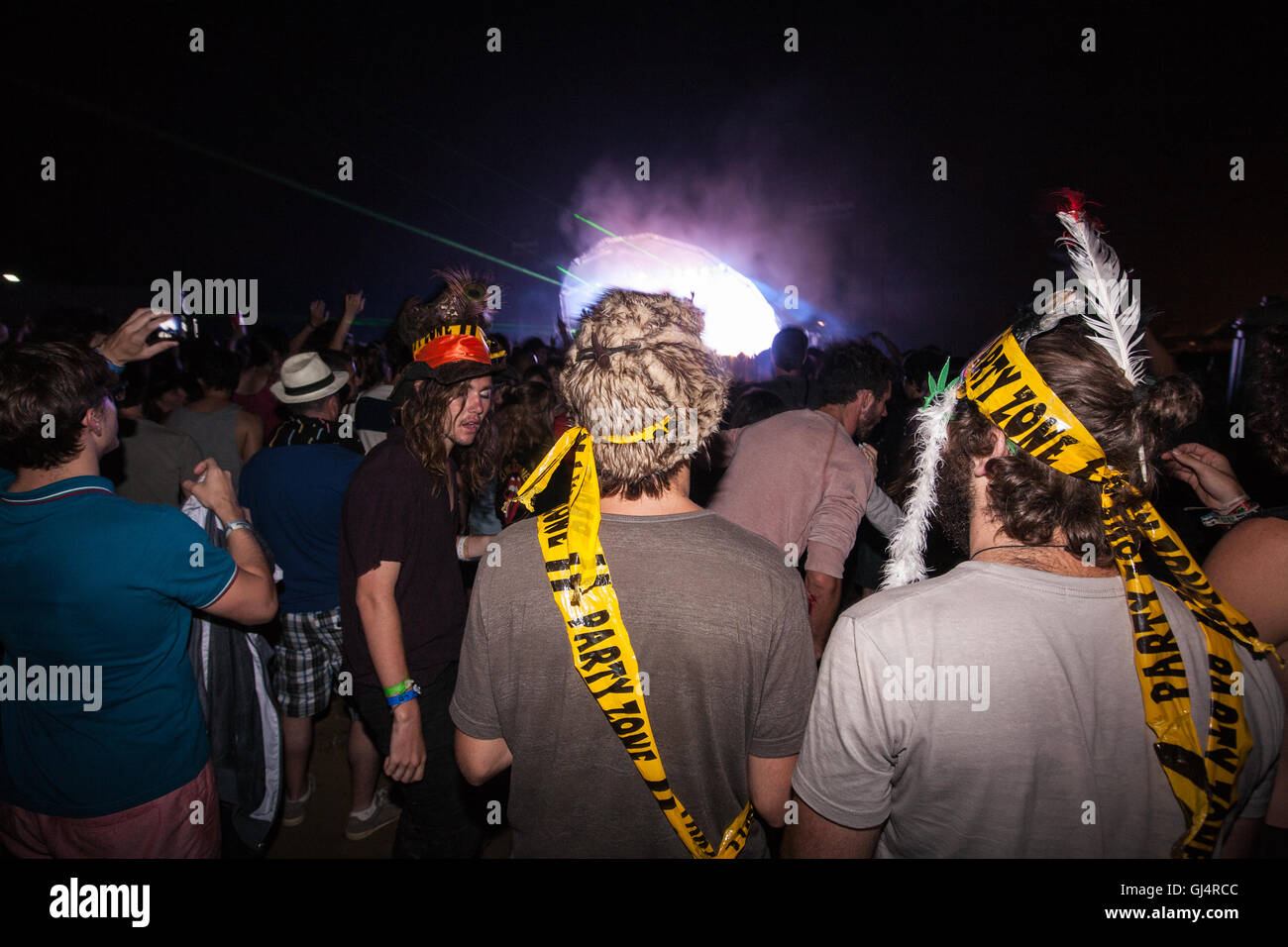 Indie music fans at BBK Bilbao music 3 day festival held annually in July,Basque region,northern Spain. At Fat Boy Slim set. Stock Photo