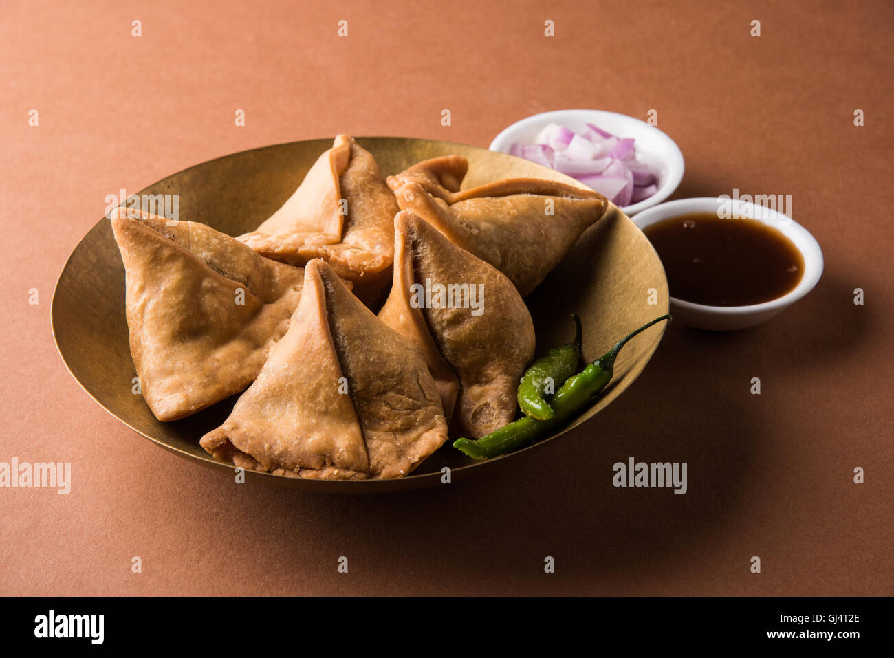 Veg potato Samosa with sauces, Homemade Fried Indian Samosa with Mint