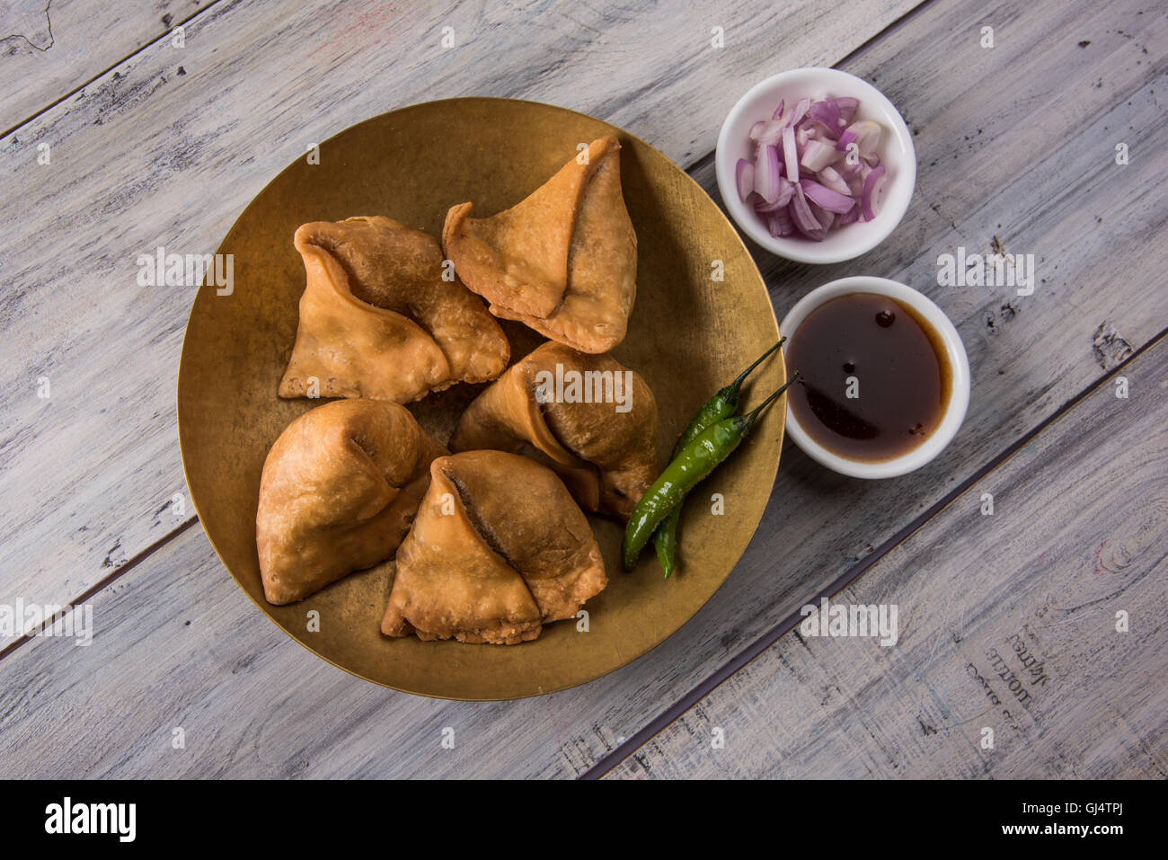 Veg potato Samosa with sauces, Homemade Fried Indian Samosa with Mint