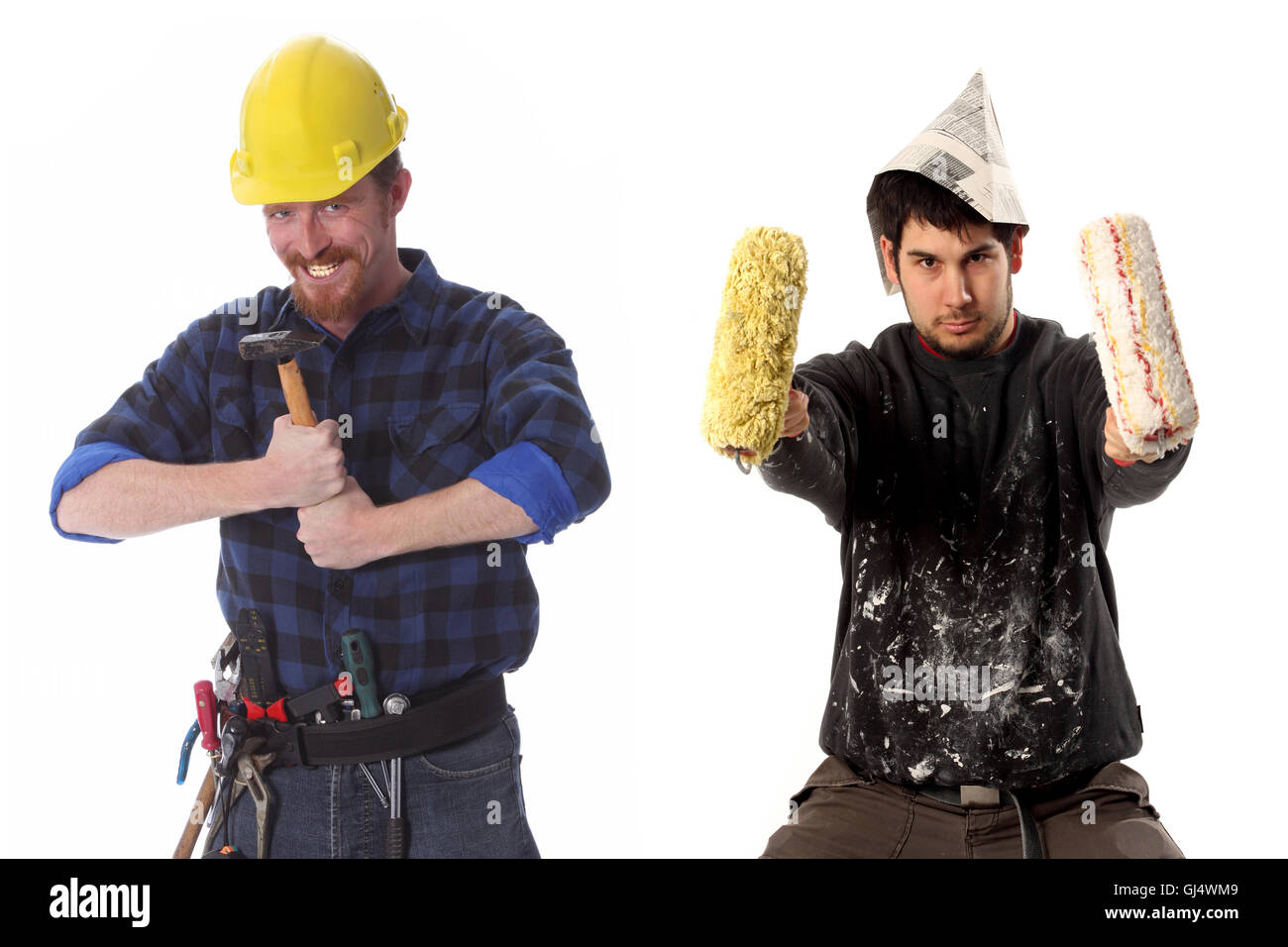 construction worker and house painter Stock Photo