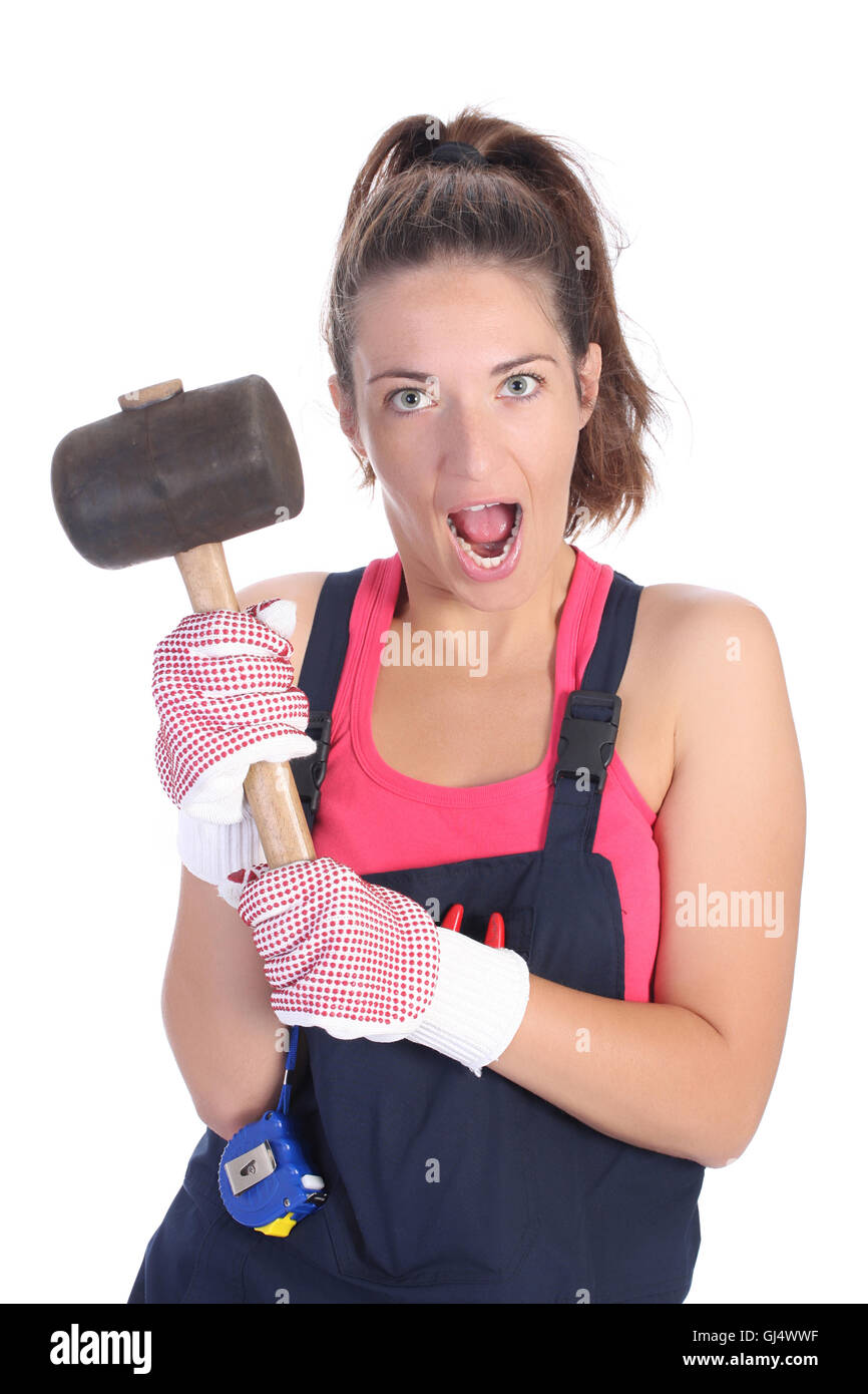 woman with black rubber mallet Stock Photo