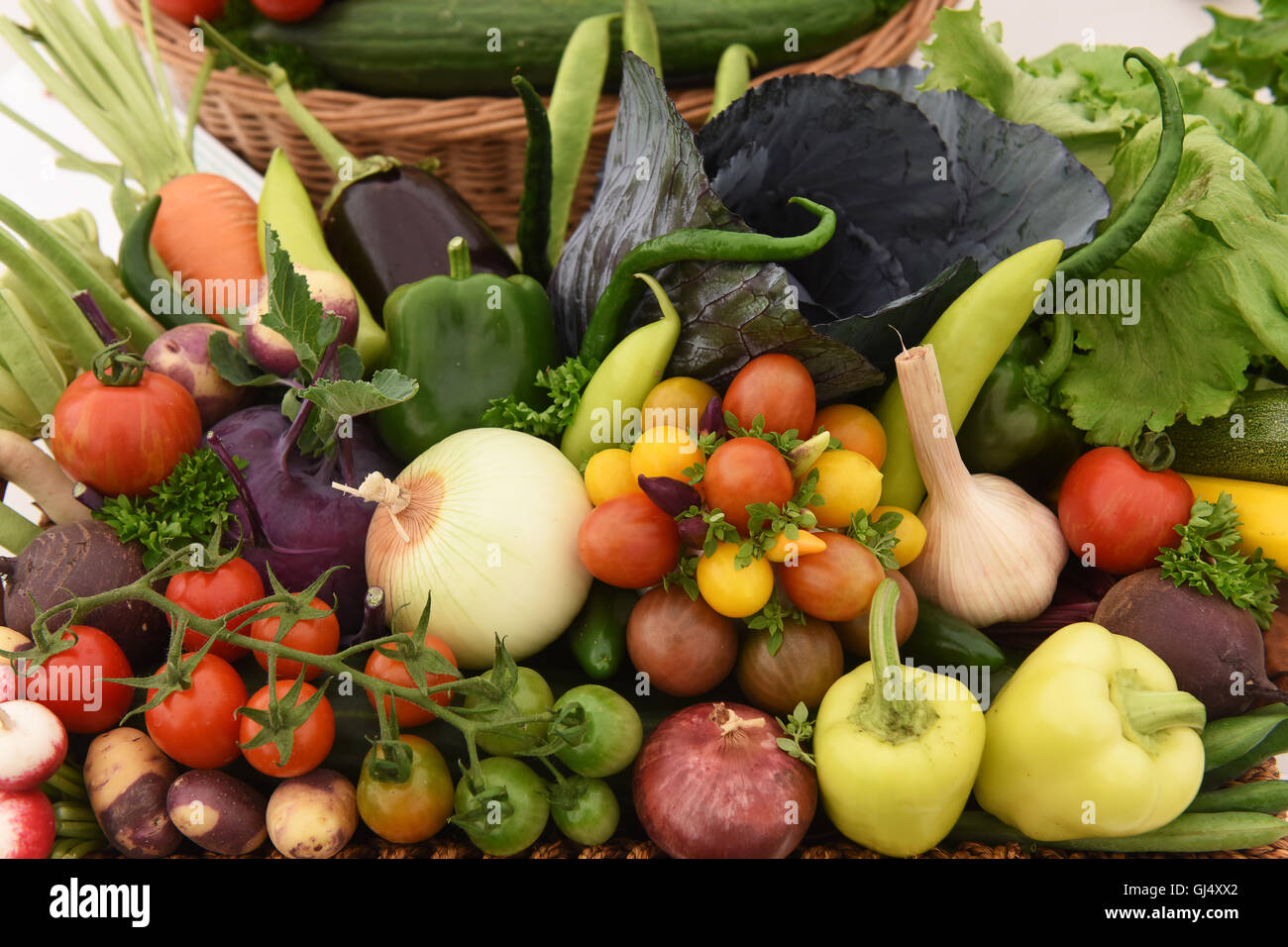 Basket selection of home grown fresh British vegetables Stock Photo Alamy