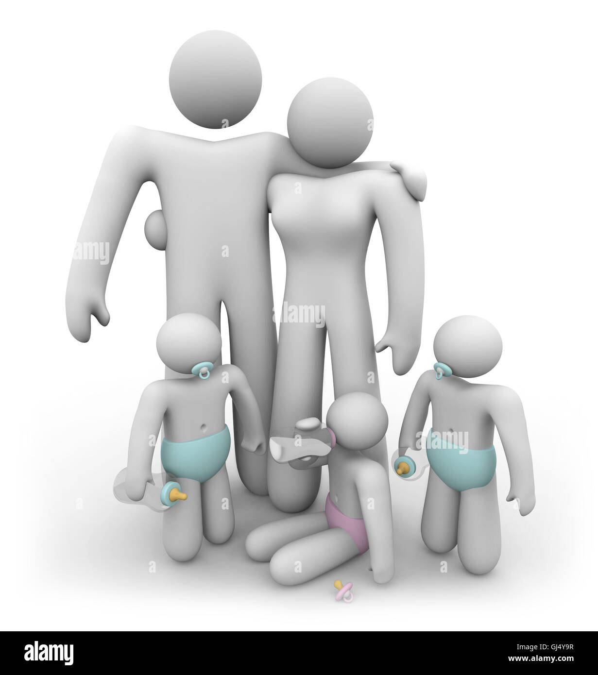 Triplet Children and their Parents Stock Photo