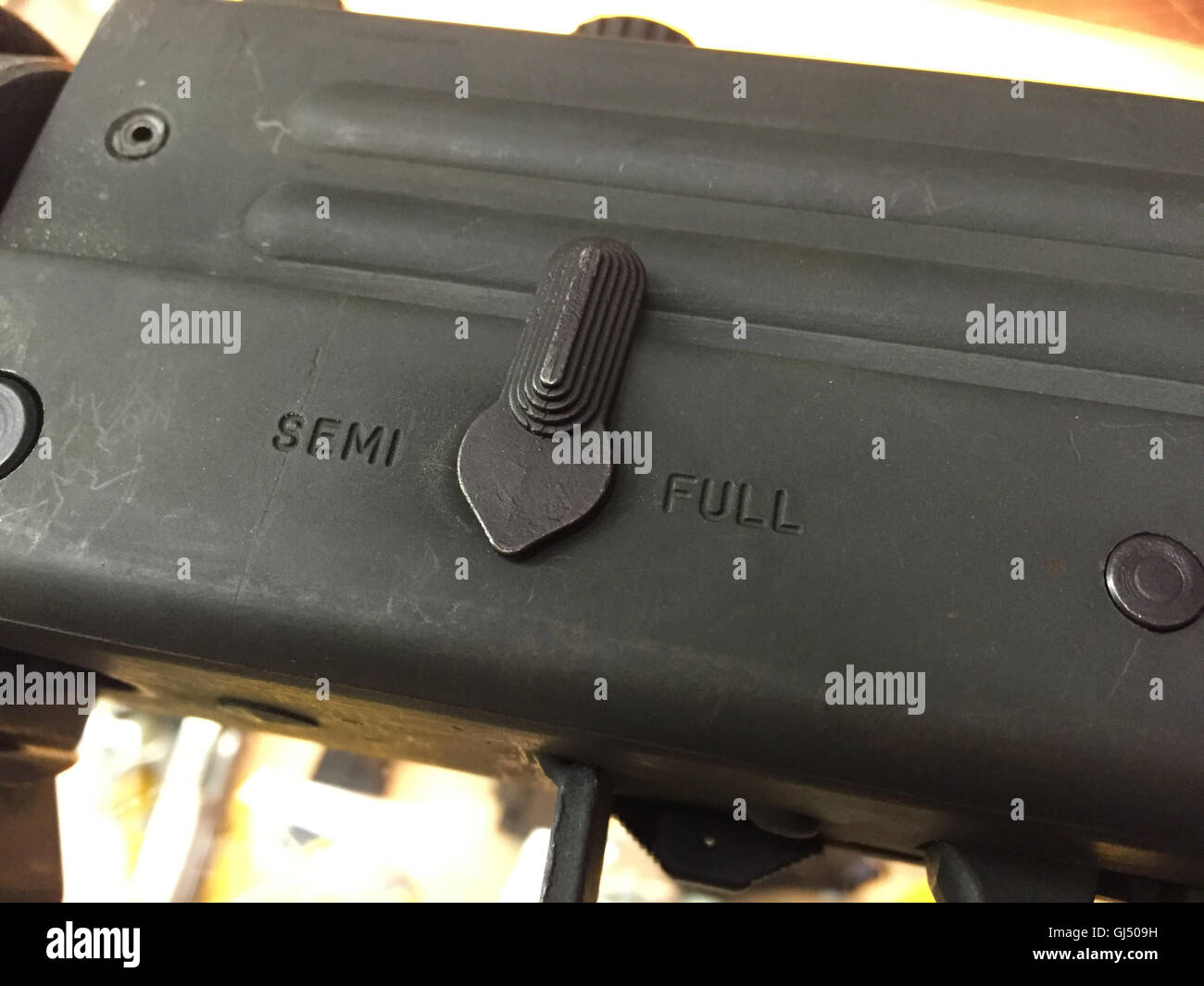 Selector Switch on a Mac-10 firearm to turn it from Fully Automatic to Semi-Automatic Stock Photo