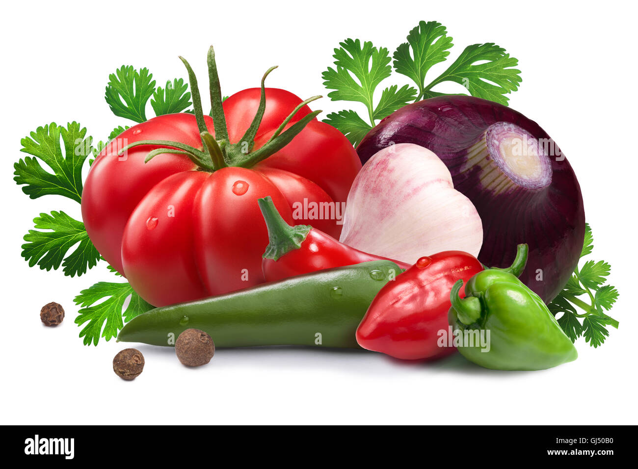 Garlic, onion, red and green habanero peppers, chili, heirloom tomato