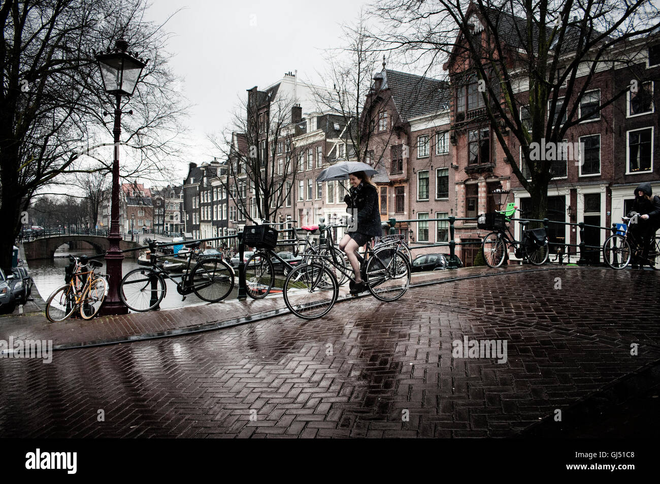 A cyclist in the rain in Amsterdam with an umbrella Stock Photo
