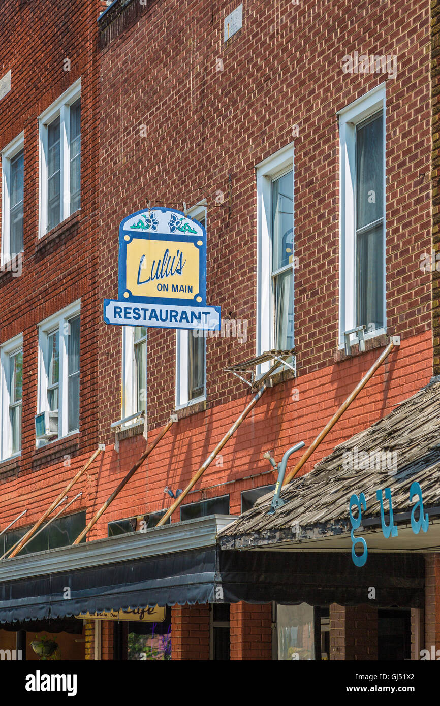 Sign over Lulu's on Main restaurant on Main Street in downtown Sylva