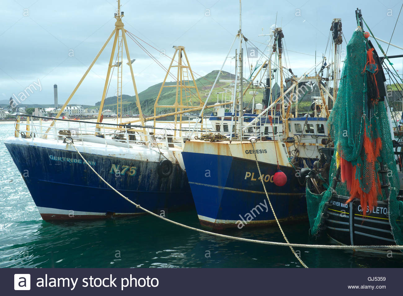 Fishing boats at rest in Peel, on the Isle of Man, British Isles Stock