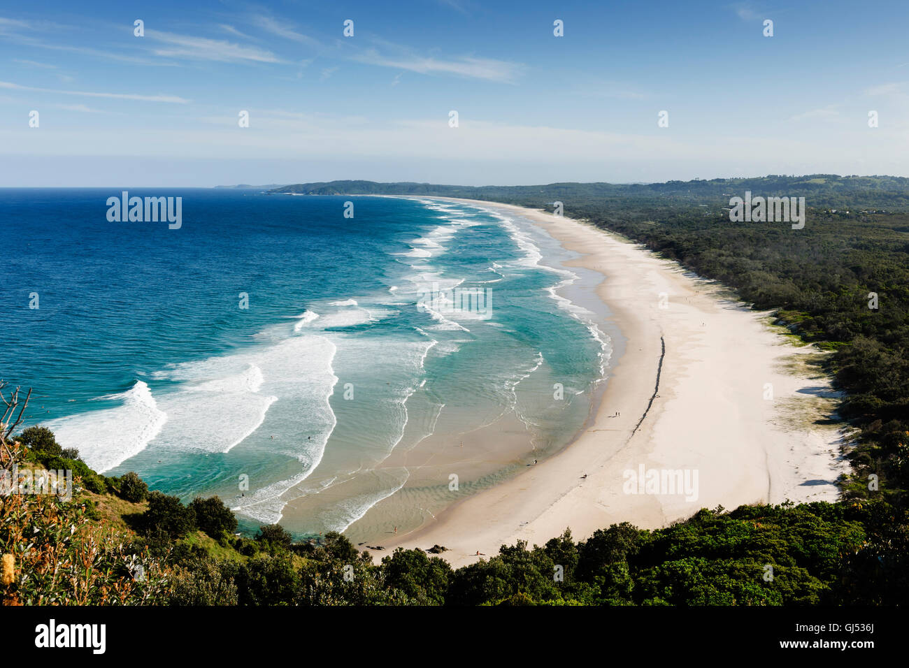 Overview of Tallows Beach from Cape Byron in Byron Bay. Stock Photo