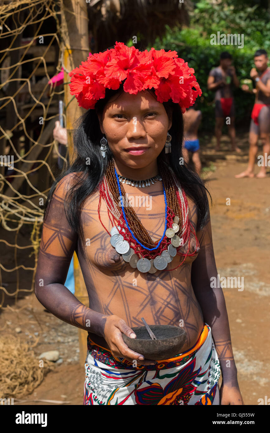 Embera Woman lives in the Panama rain forest and maintain her traditions and lifestyle Stock Photo