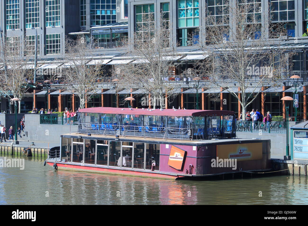 River cruise boat parks in Southbank Melbourne Australia. Stock Photo