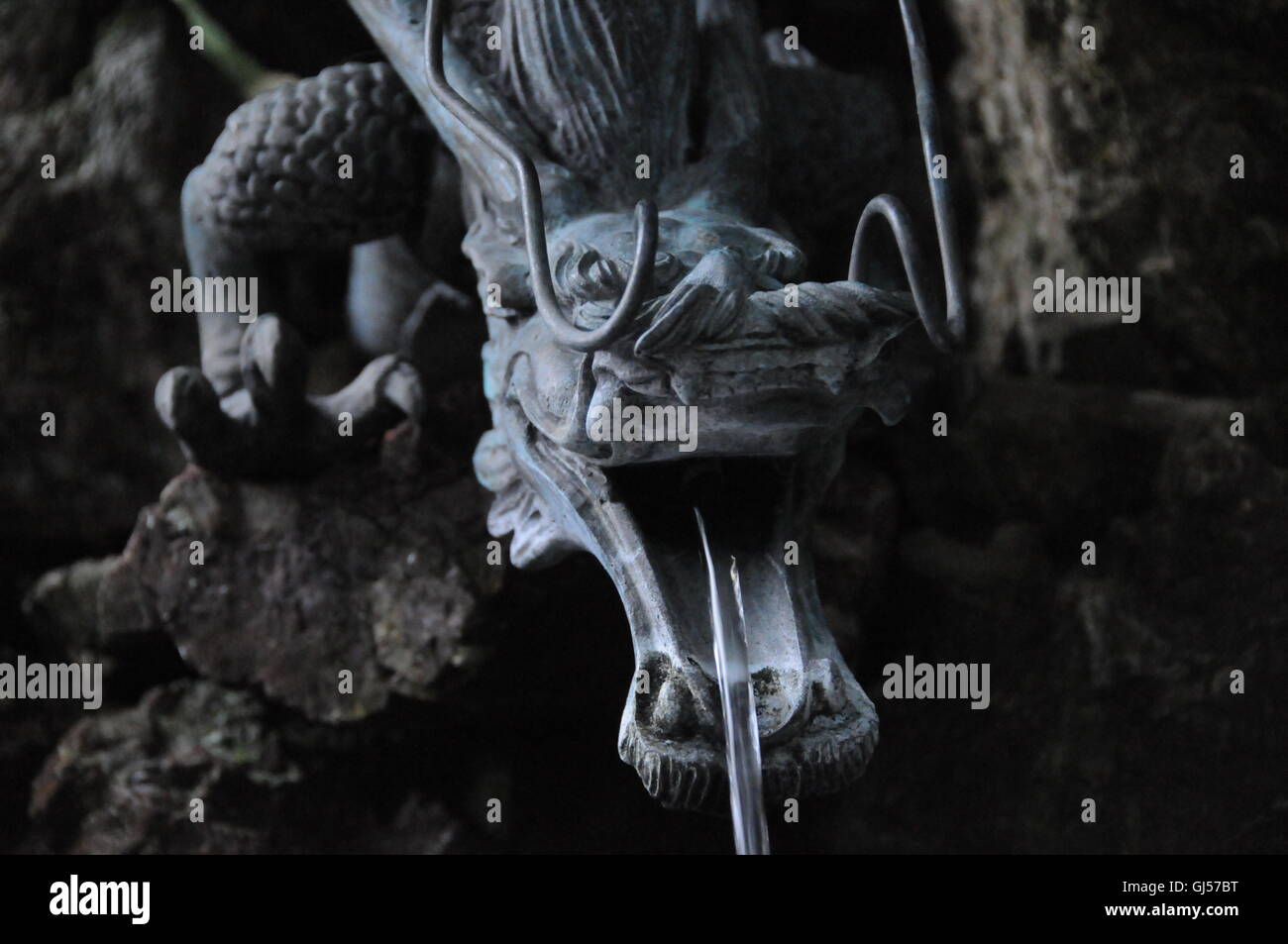 Bronze dragon shaped cold water tap at a Japan Shrine entrance with