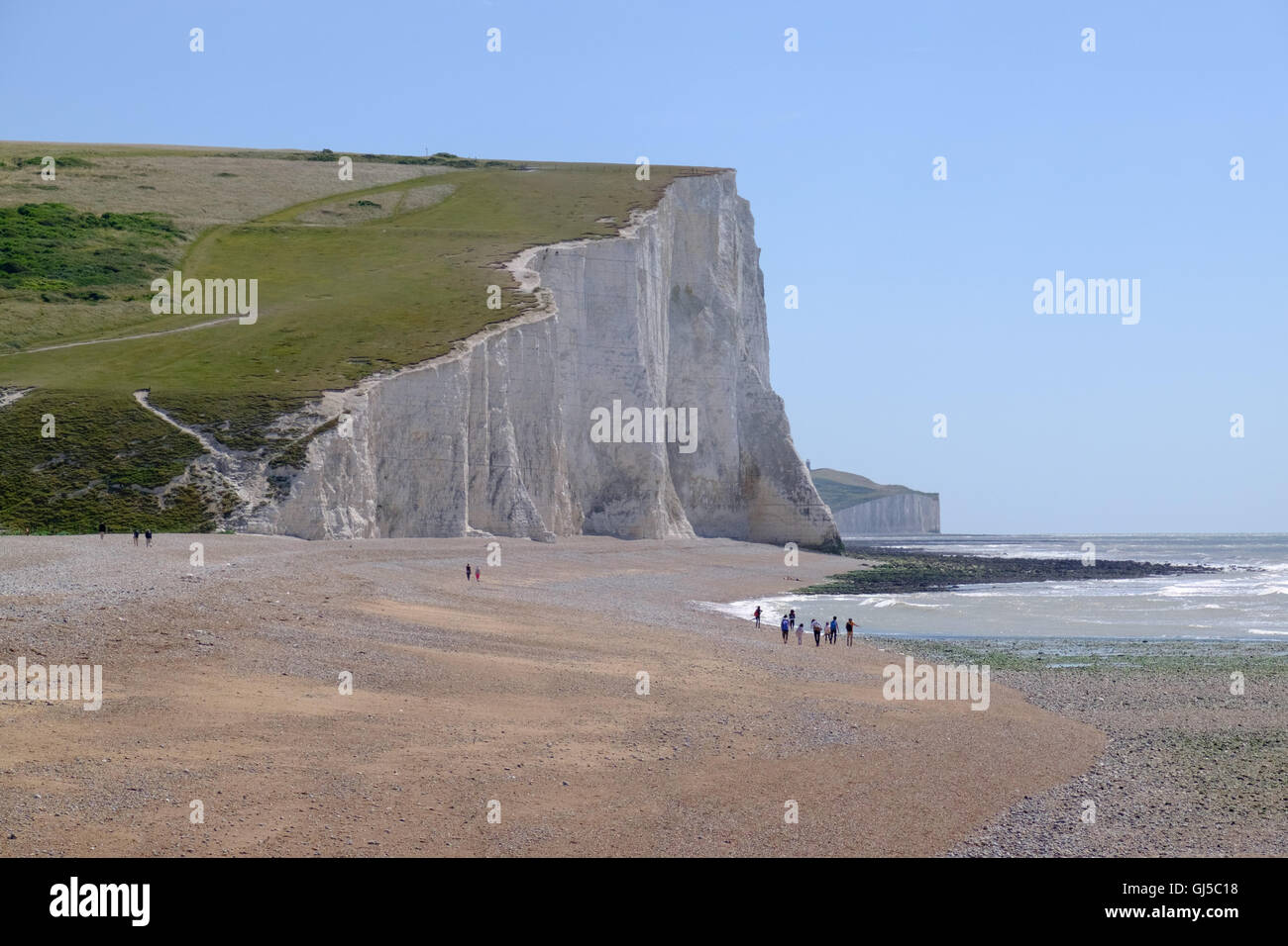 Birling Gap viewed from Cuckmere, with Beachy Head in the distance Stock Photo