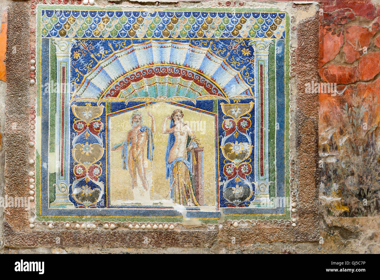Wall mosaic in Herculaneum, Naples, Italy Stock Photo