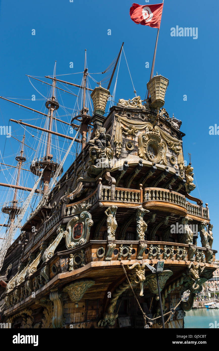 Neptune Galleon used in the Roman Polanski's film Pirates, moored in Genoa, Italy Stock Photo