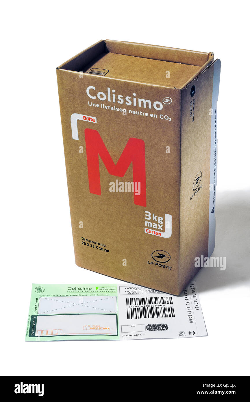 Mailing carton sold by the French Post for sending in France and followed by bar code with an insurance in case of loss. Stock Photo