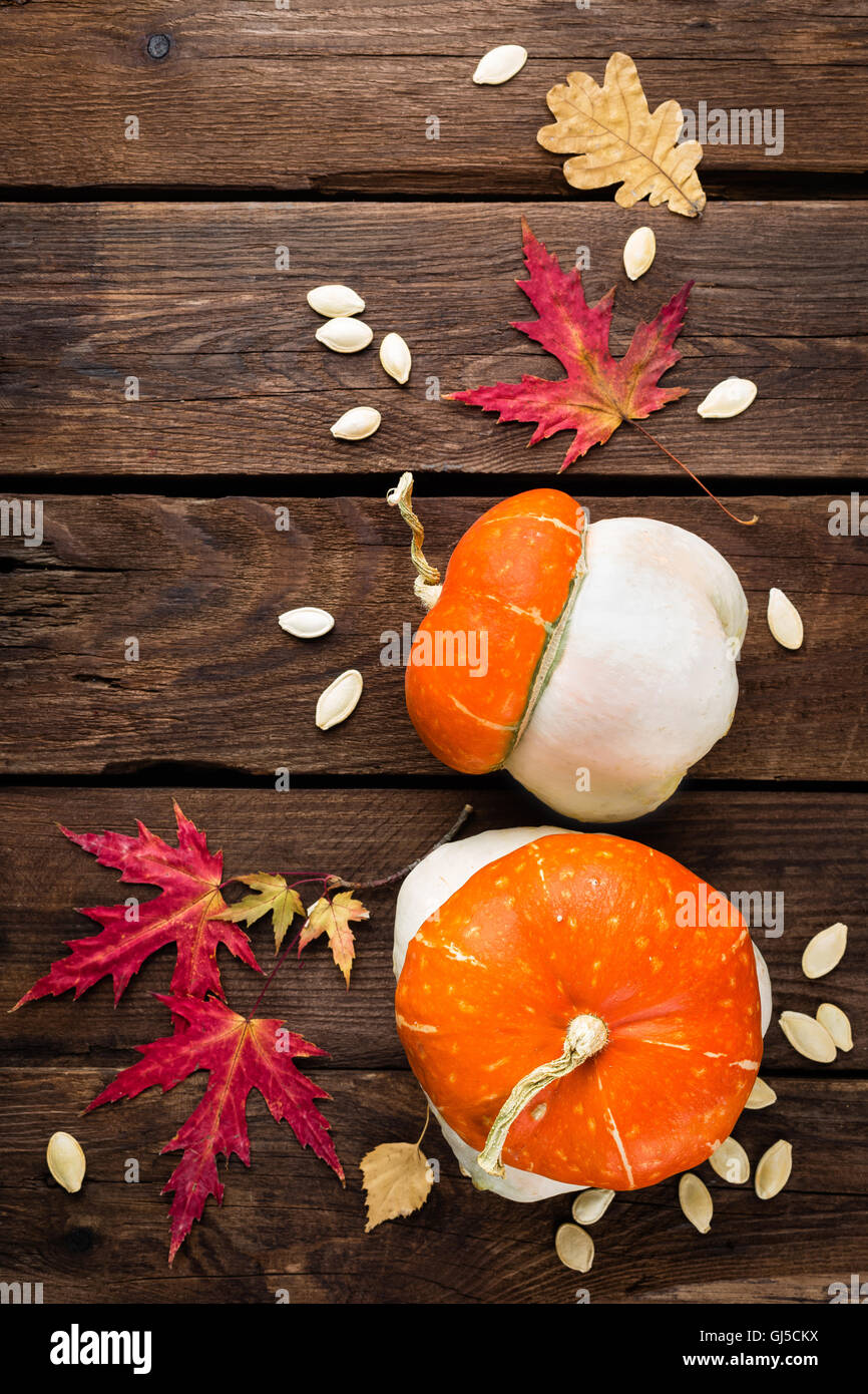 autumn background with leaves and pumpkins, thanksgiving and halloween card Stock Photo