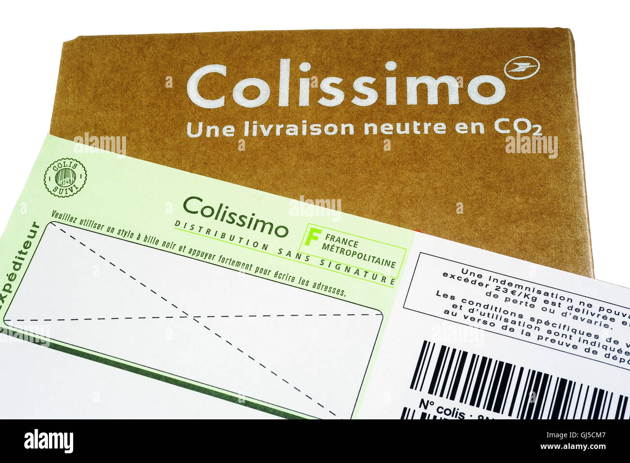 Mailing carton sold by the French Post for sending in France and followed by bar code with an insurance in case of loss. Stock Photo