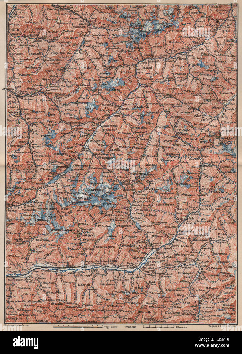 ENGADINE/VAL TELLINA. Davos Arosa Sils Bormio Livigno Sondrio Chur, 1889 map Stock Photo