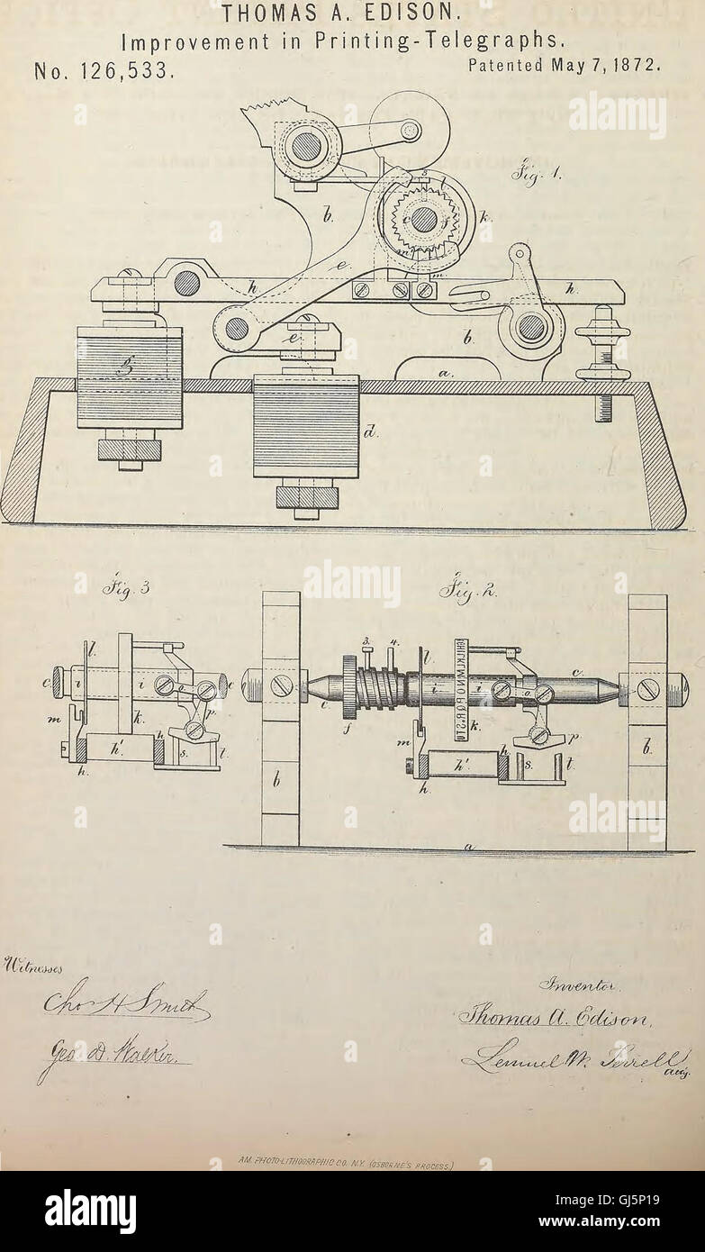 This collection comprises patents granted to inventor Thomas A. Edison between 1869 and 1884, documenting his innovations in electric lighting, phonographs, and other technological advancements. Stock Photo