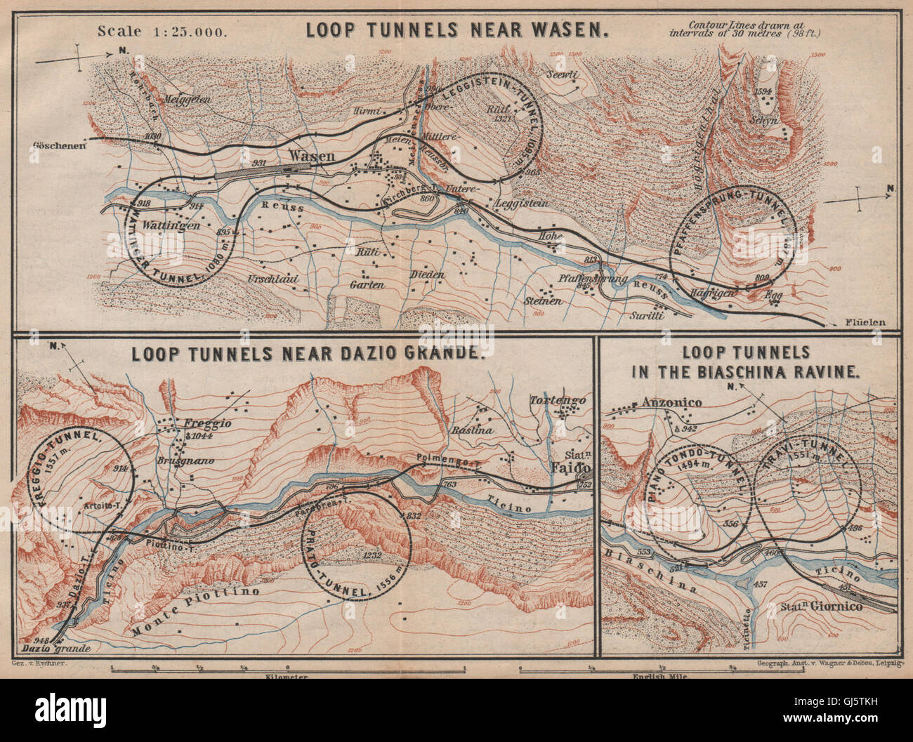 ST GOTTHARD RAILWAY SPIRAL/LOOP TUNNELS Wassen Freggio Prato Biaschina, 1893 map Stock Photo