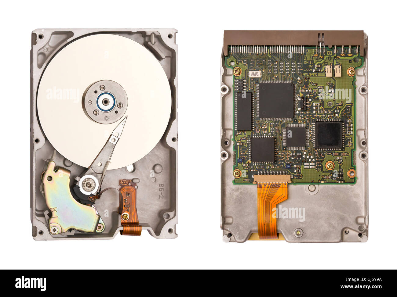 Hdd isolated on white background. Two sides of the hard disk. Computer chips. Inside of internal Harddrive. Stock Photo