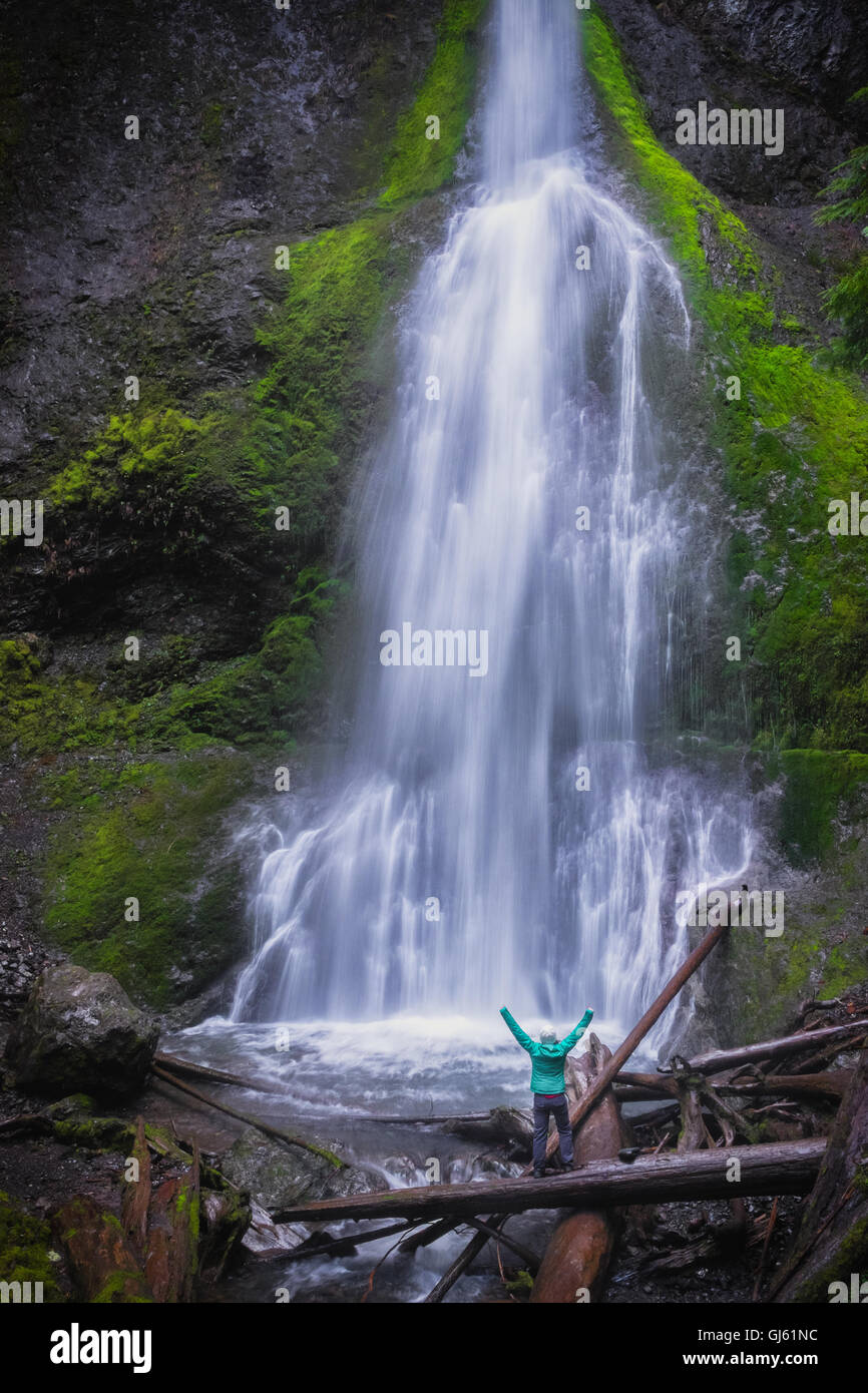 Young woman raises arms in the air at the base of a large waterfall, Marymere Falls, in the pacific Northwest. Stock Photo