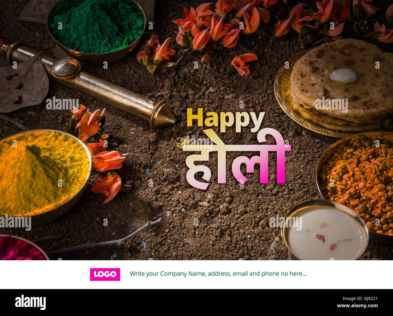 happy holi greeting card, holi wishes, greeting card of indian festival of colours called holi, season's greetings Stock Photo