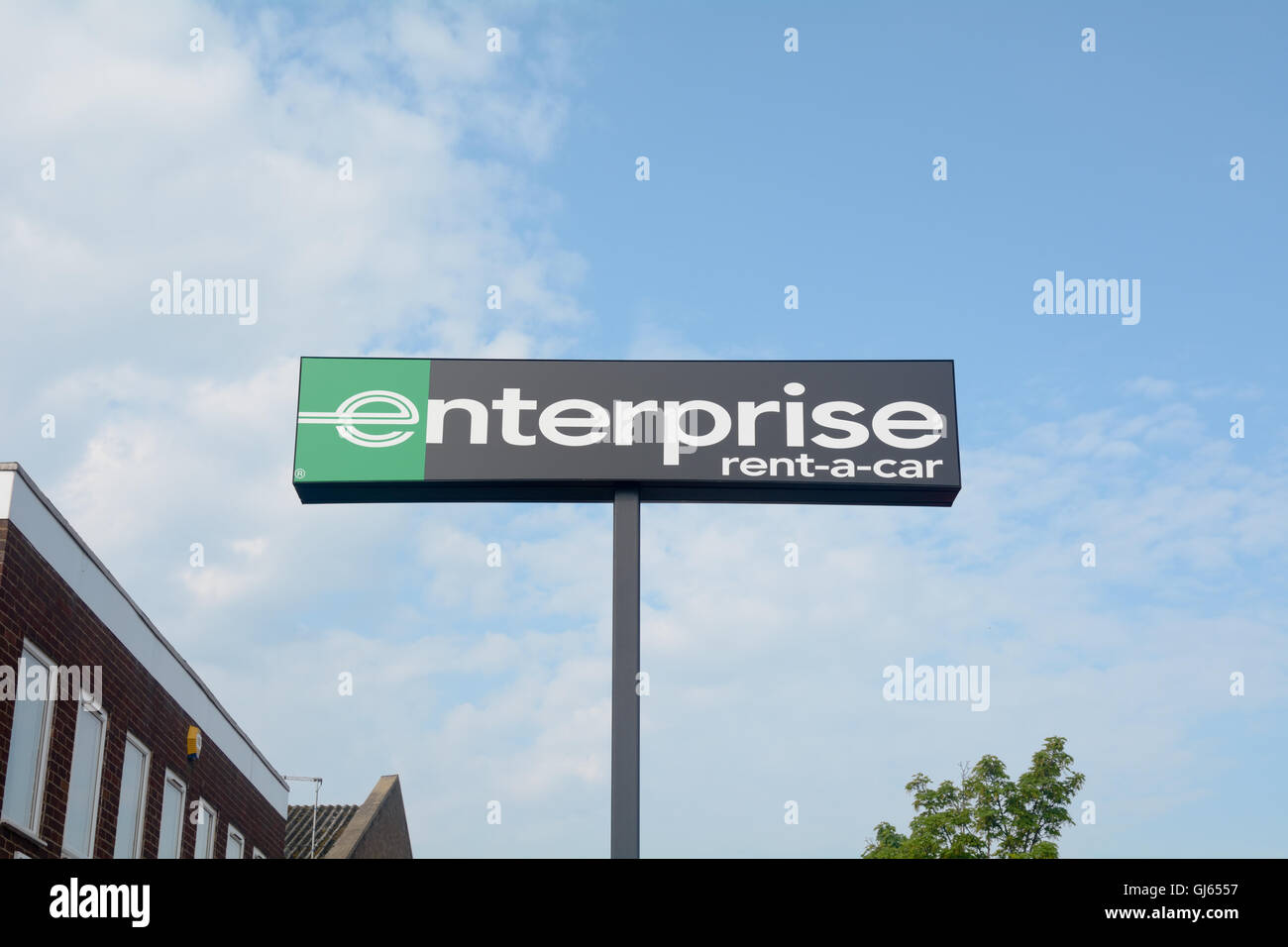 Enterprise Rent-a-car sign outside depot office in Bedford, Bedfordshire, England Stock Photo