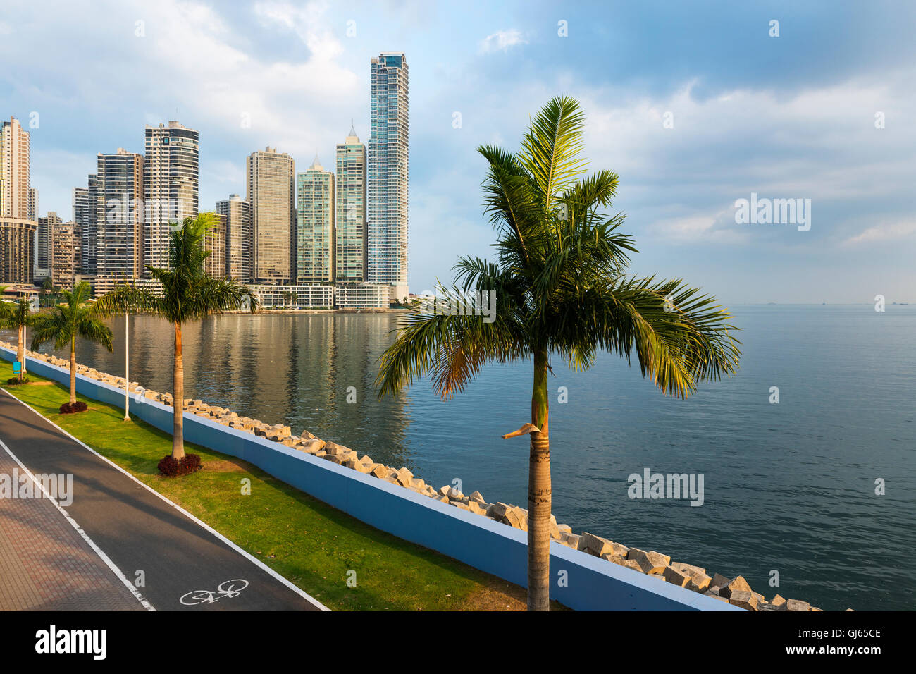 View of the financial district in downtown City of Panama, Panama, with a cycling lane and Palm Trees; Concept for travel in Pan Stock Photo