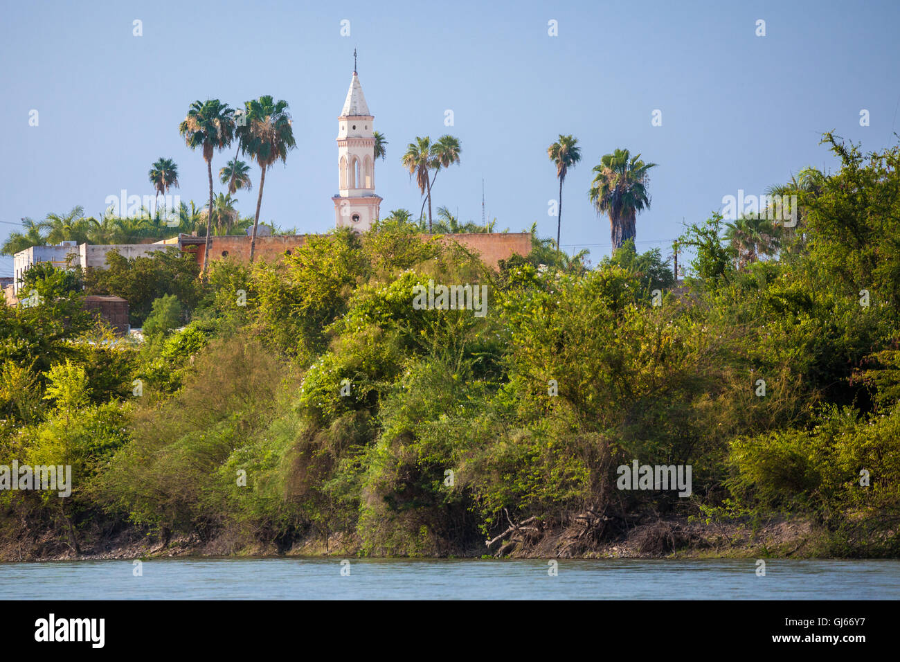 View from the river of the colonial town of El Fuerte, Sinaloa, Mexico. Stock Photo