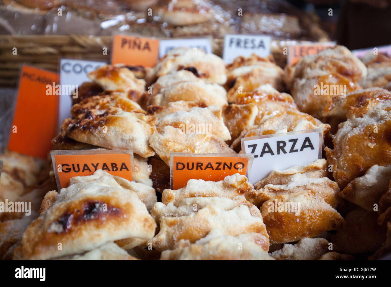 Small turnovers in a variety of flavors sold near the Plaza Grande in Patzcuaro, Michoacan, Mexico. Stock Photo