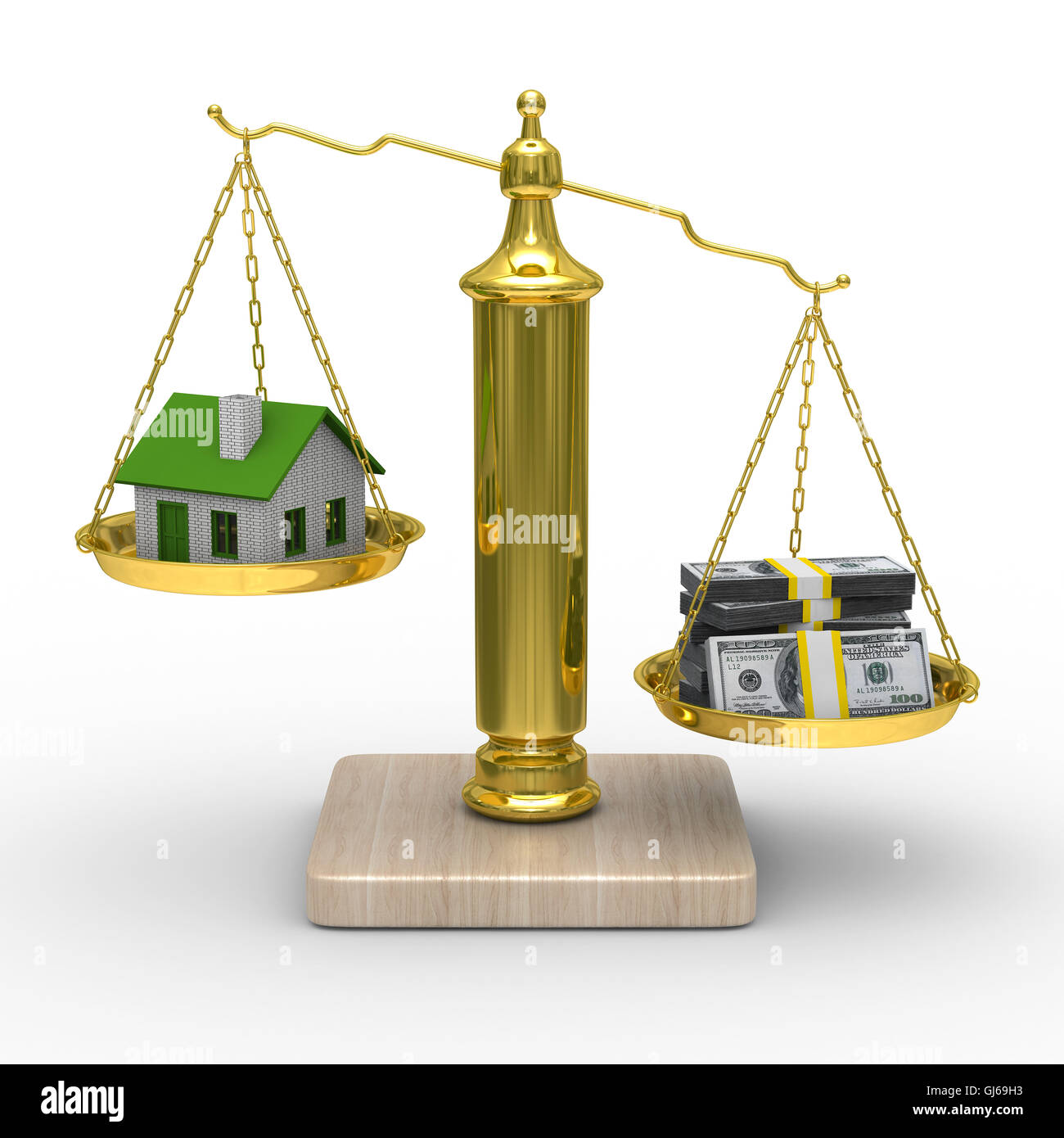 house and cashes on scales. Isolated 3D image Stock Photo Alamy