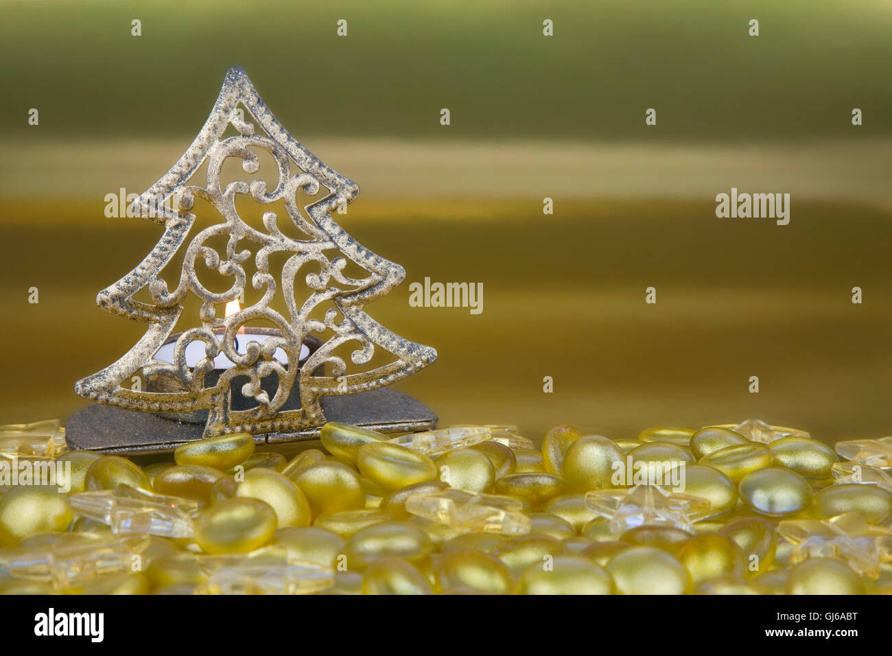 Gold Christmas tree shaped tea light holder with Yellow clear gl Stock