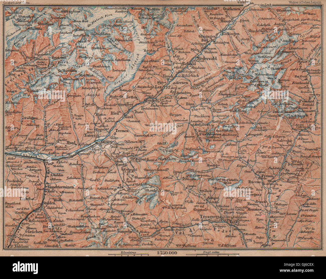 UPPER VALAIS. Grächen Aletschhorn Ofenhorn Brieg Niederwald Ried Rhone, 1893 map Stock Photo