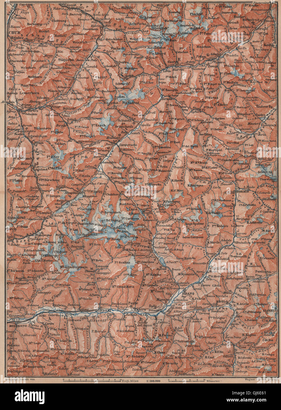 ENGADINE/VAL TELLINA. Davos Arosa Sils Bormio Livigno Sondrio Chur, 1893 map Stock Photo