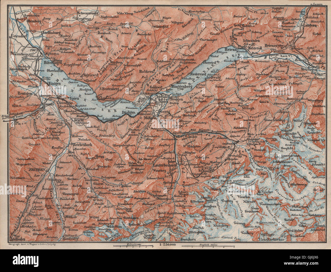 BERNESE OBERLAND. Wengen Mürren Grundelwald Reutigen Interlaken Eiger, 1897 map Stock Photo