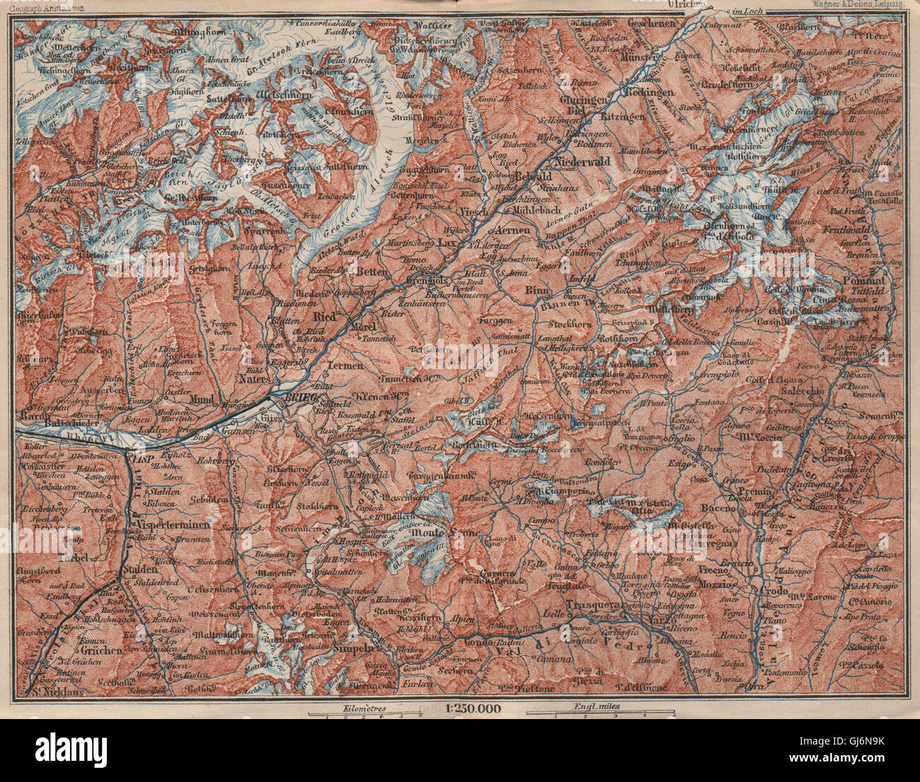 UPPER VALAIS. Grächen Aletschhorn Ofenhorn Brieg Niederwald Ried Rhone, 1897 map Stock Photo