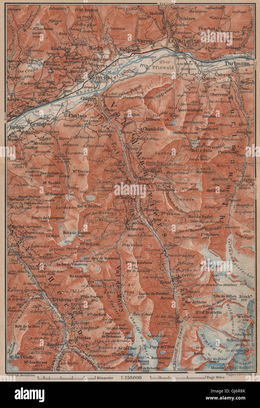 SIERRE & VAL D'ANNIVIERS. Crans-Montana Grimentz Leukle Weisshorn, 1899 map Stock Photo