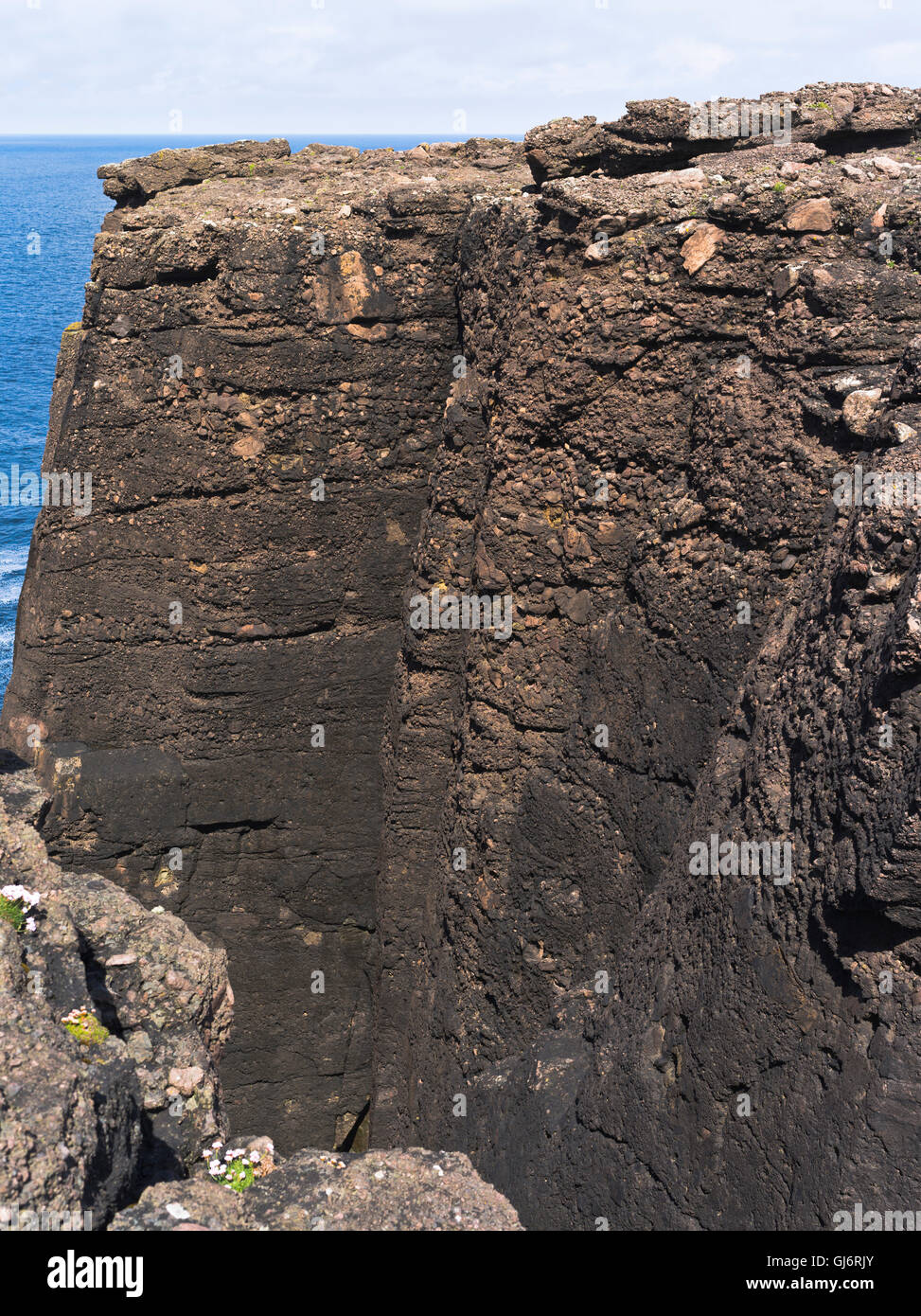 dh Basalt Rock GEOLOGY UK eshaness shetland seacliffs volcanic rock structure shetlands scotland Stock Photo