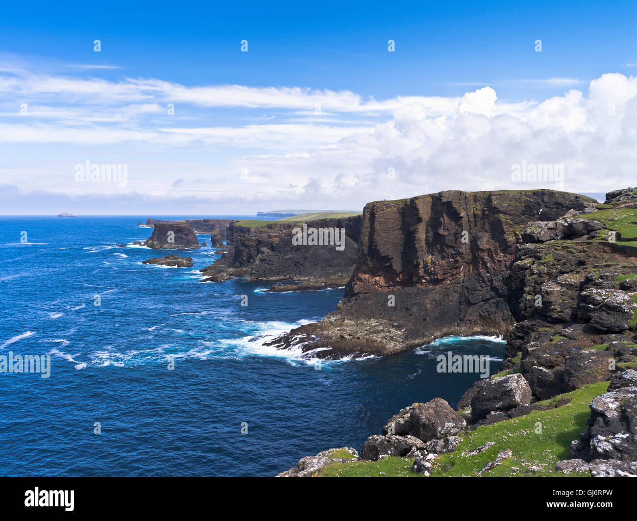 dh Esha ness calders geo ESHANESS SEACLIFFS SHETLAND ISLANDS Sea cliffs cliff northmavine basalt shetlands dramatic island coast Scotland Stock Photo