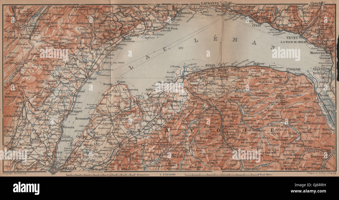 LAKE GENEVA//LAC LÉMAN St Cergue Chatel St Jean d/'Aulph Lausanne Evian 1897 map