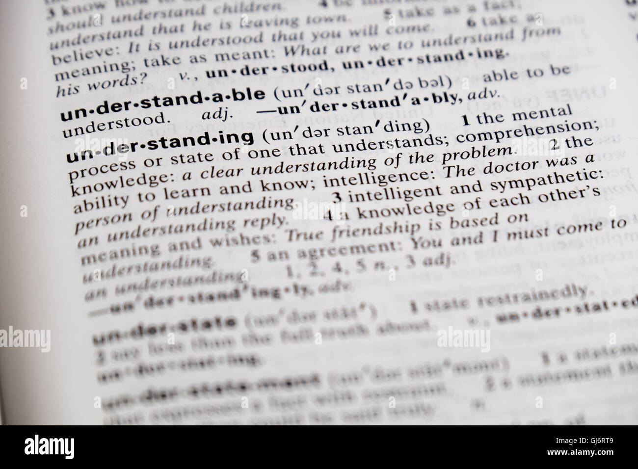 The word understanding is defined in a dictionary. Stock Photo