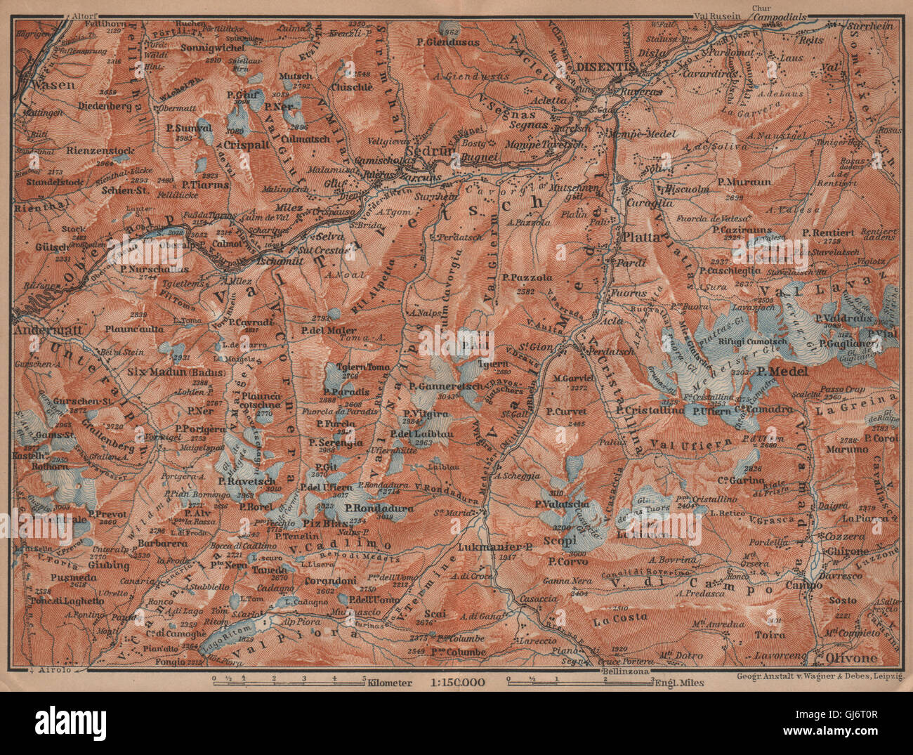 VAL TAVETSCH/MEDEL. Andermatt Disentis Sedrun Wassen Piz Medel. Topo-map 1901 Stock Photo