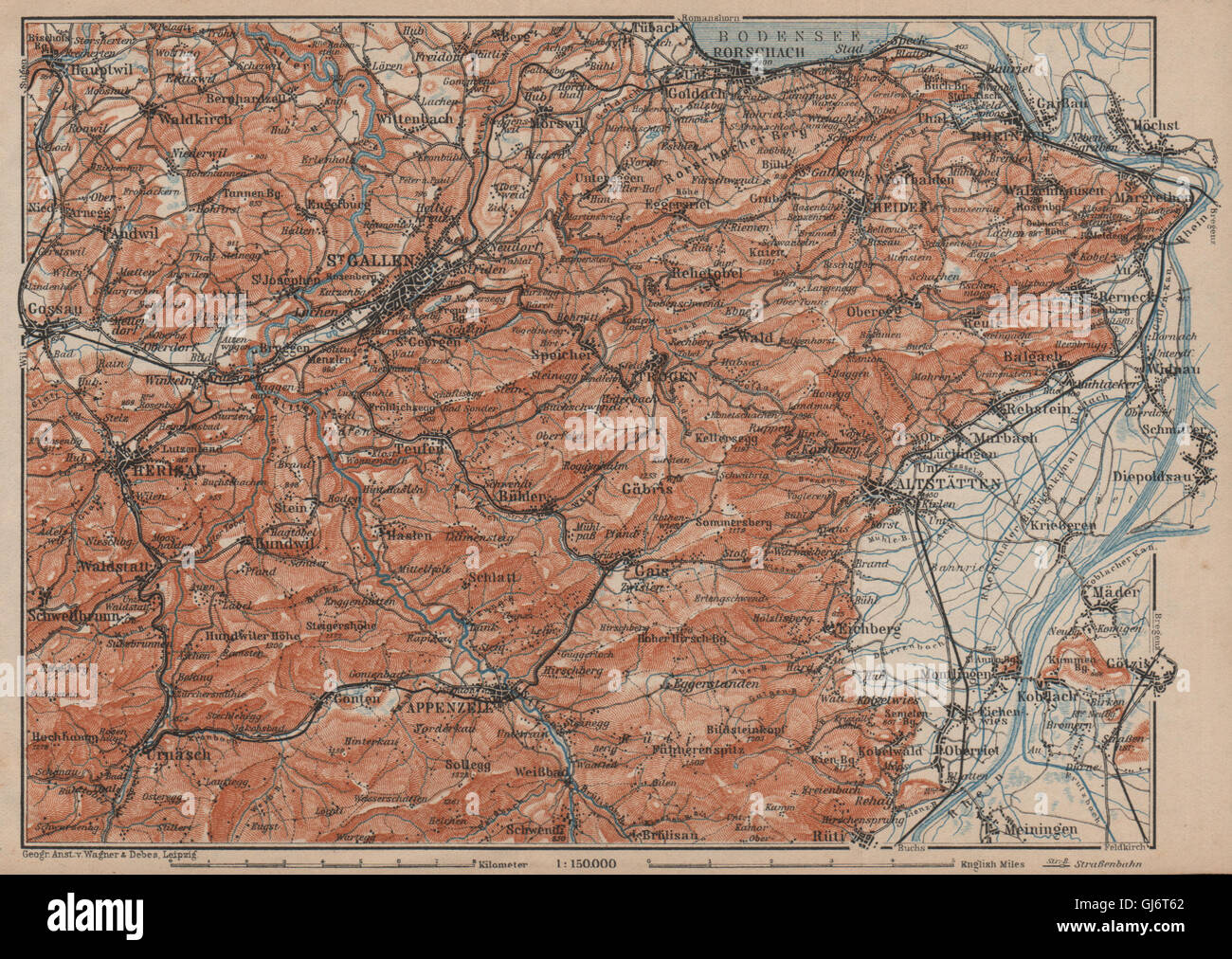 ST GALLEN/APPENZELL area. Herigau Altstätten Heiden Rheineck Rorschach, 1905 map Stock Photo