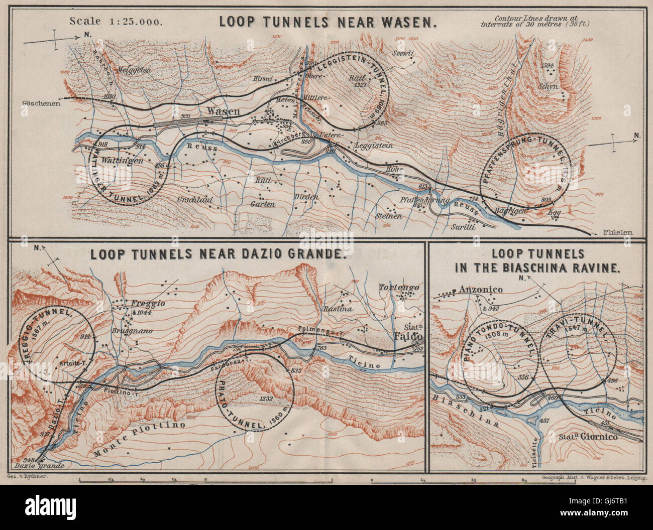 ST GOTTHARD RAILWAY SPIRAL/LOOP TUNNELS Wassen Freggio Prato Biaschina, 1905 map Stock Photo