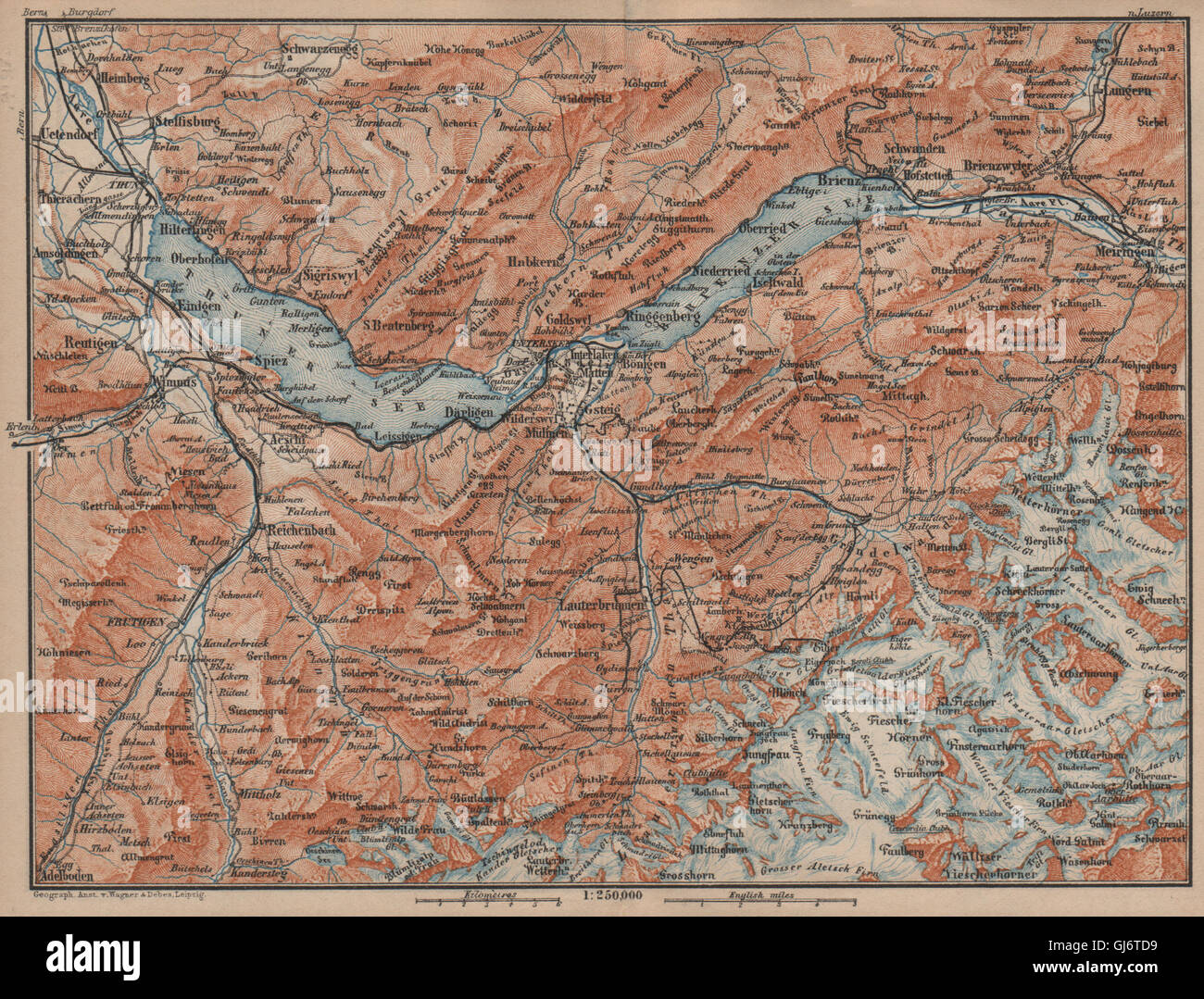 BERNESE OBERLAND. Wengen Mürren Grundelwald Reutigen Interlaken Eiger, 1905 map Stock Photo
